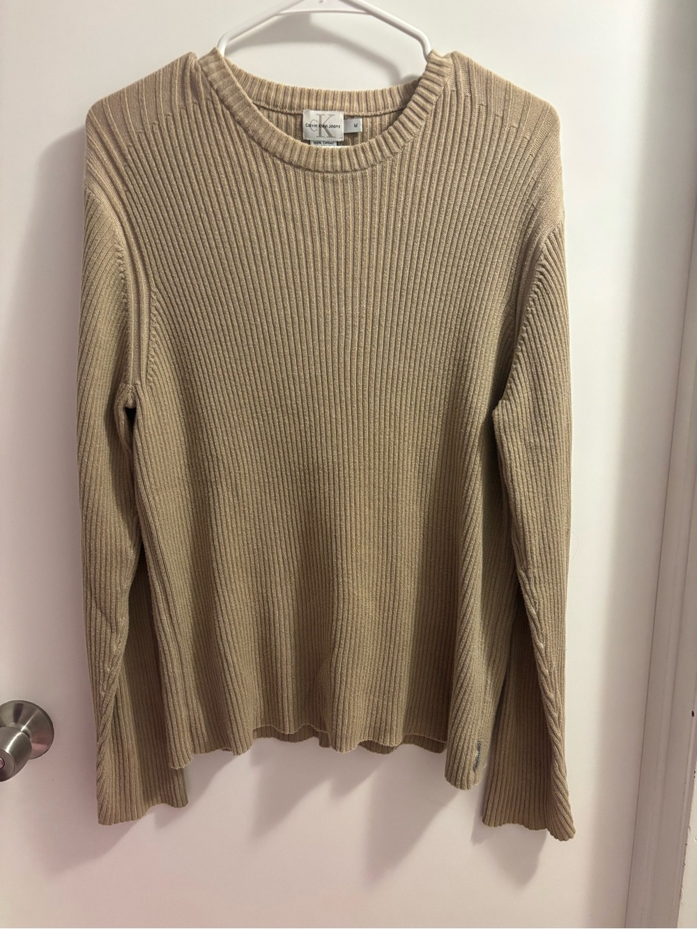 Calvin Klein Jeans Ribbed Crewneck Sweater in Taupe